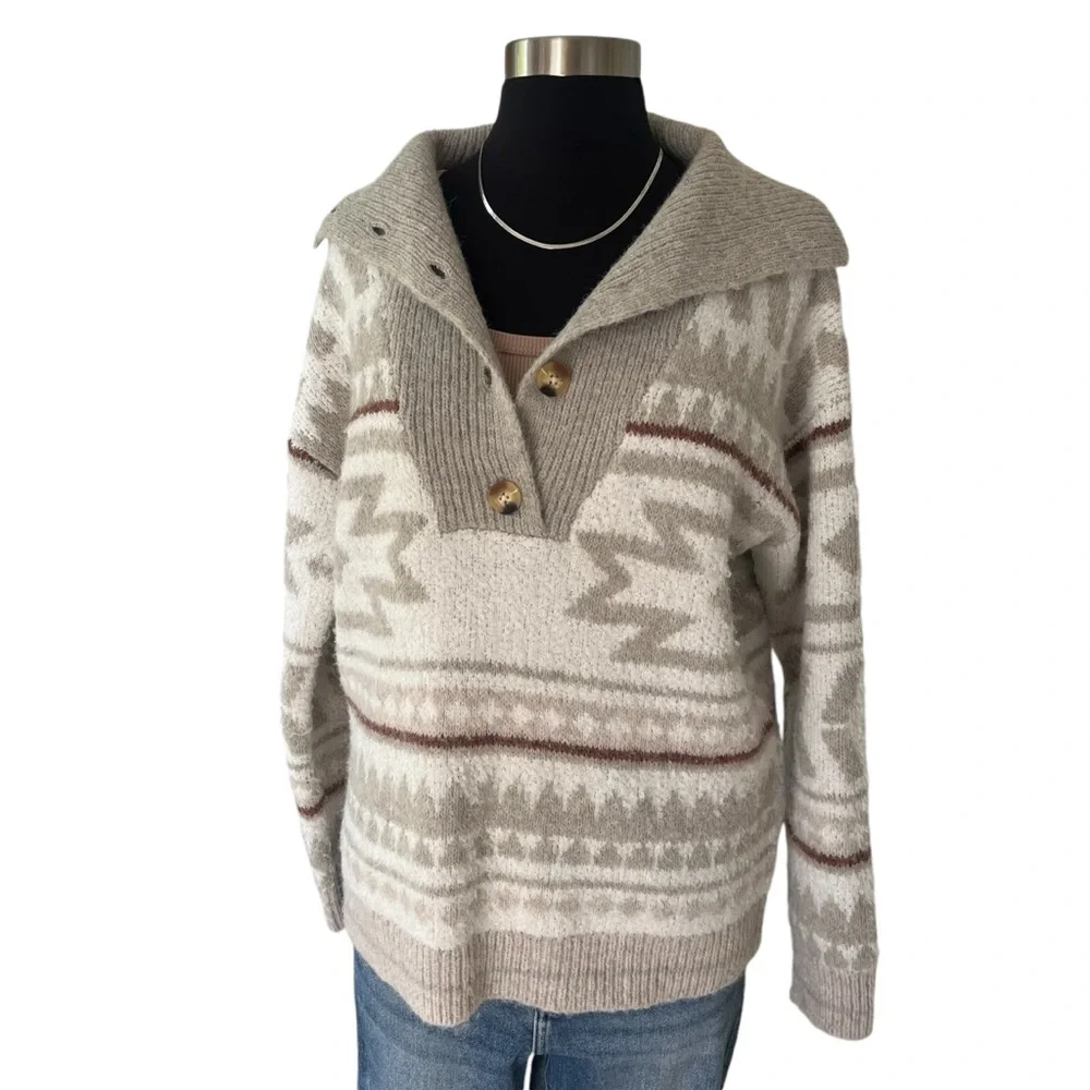 Knox Rose Aztec fair isle button pullover sweater taupe white black S - Picture 3 of 11